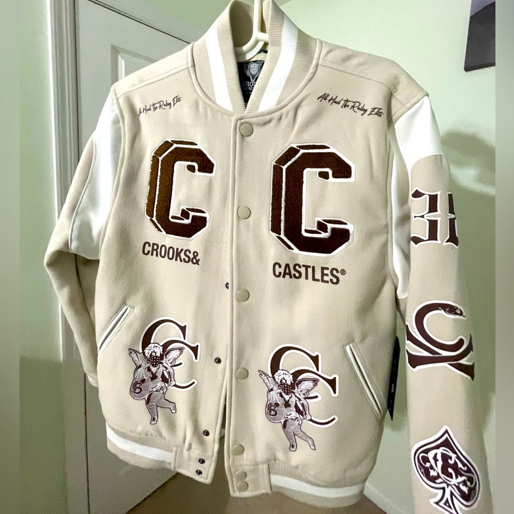 Crooks And Castles “Ruling Elite” Varsity Jacket Off White Cream